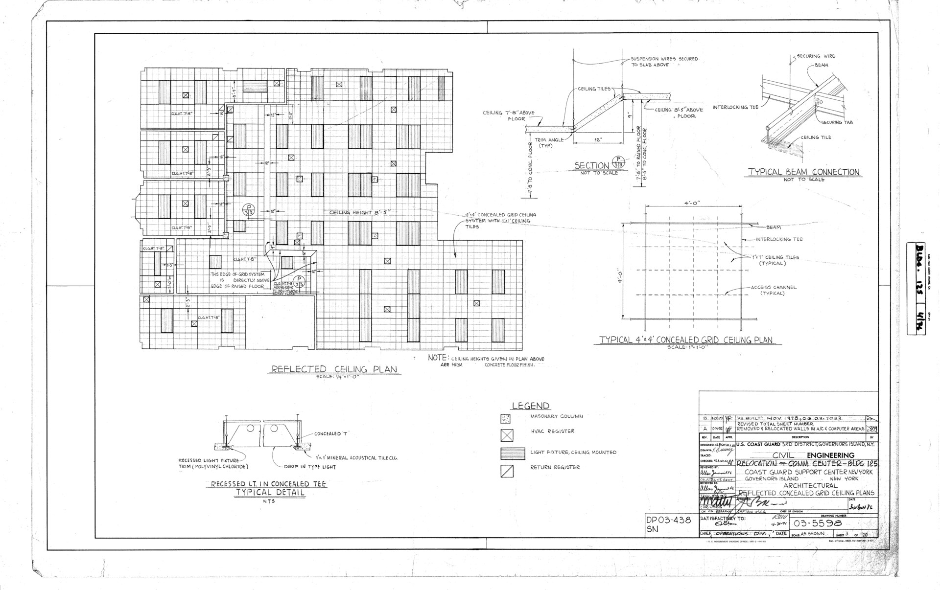 A 1976 architectural drawing of a reflected ceiling grid, squares ruled across a floor plan