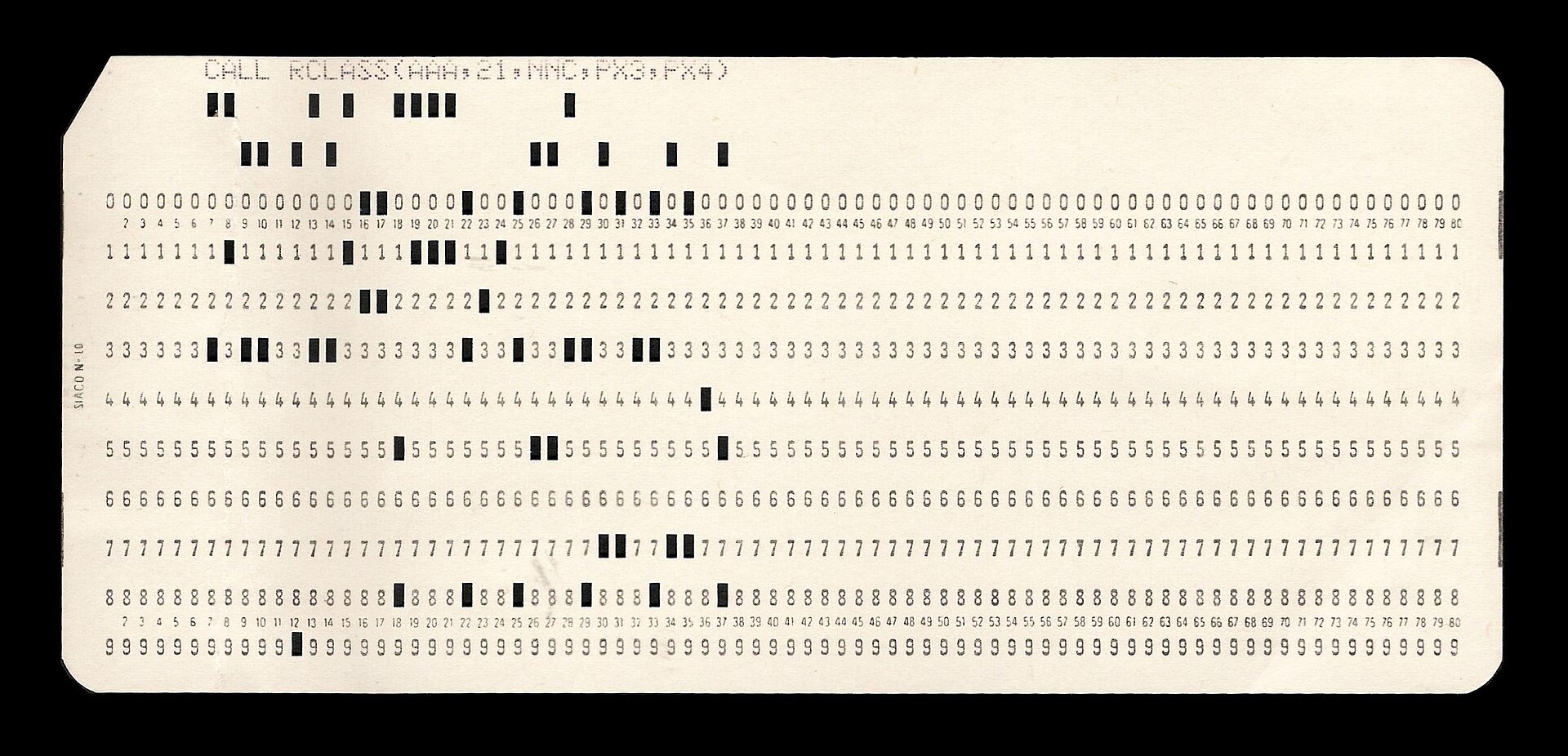 An 80-column punched card, its holes set out on a grid of digits